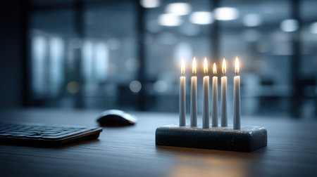 An image showcases lit candles on a desk within an office environment. The scene displays a dark, professional ambiance with soft lighting. The composition includes a keyboard and computer mouse, suggesting work activities. This visual can be suitable for editorial and commercial projects that require office themes.の素材
