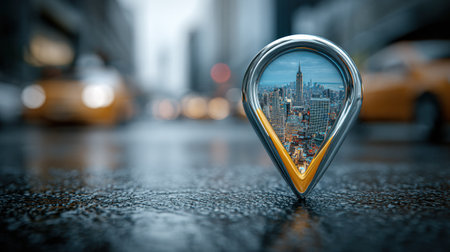 A close-up captures a metallic location marker, its interior mirroring a bustling cityscape. The image showcases the marker's reflective surface and the city scene, with blurred vehicles and buildings. The wet road creates a textured, glossy appearance, enhanced by soft lighting, suggesting an urban environment suitable for various commercial purposes.の素材