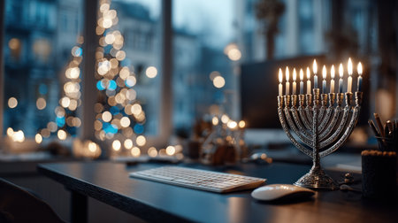 A silver menorah with lit candles sits on a desk near a keyboard and mouse. The soft lighting illuminates the scene. A blurred Christmas tree with bokeh lights is in the background. The image has a warm color palette suggesting an indoor setting. Suitable for themes of celebration and festivity.の素材