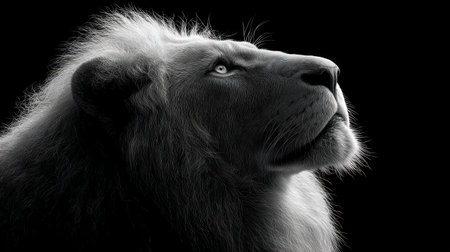 A close-up portrait showcases a lion's head and mane, set against a dark backdrop. The image utilizes a grayscale palette emphasizing textures and contrasts. Soft light highlights the lion's fur. This image is suitable for various commercial uses, including advertising and editorial content.の素材