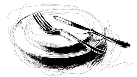 An artistic black and white illustration depicts a plate with a fork and knife. The sketch-like style emphasizes lines and shadows, creating a simple yet striking image. It could be used in editorial content related to dining, food preparation, or artistic design, or as a decorative element.の素材