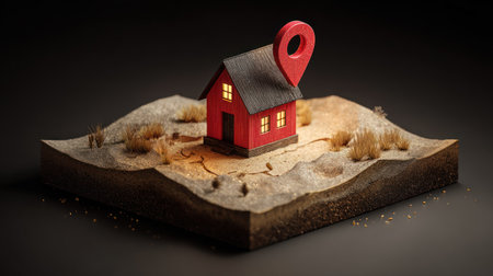 A small red house with a dark roof is positioned atop a section of brown terrain, featuring a red location marker. The composition presents a miniature world, possibly suggesting real estate or travel concepts. The setting is softly lit against a dark background, making it suitable for a variety of commercial uses.の素材