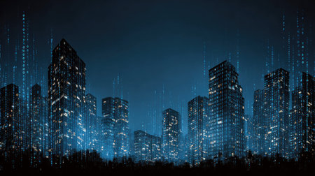 A nighttime cityscape is depicted with towering structures illuminated by artificial lighting. The composition features a vibrant color palette primarily showcasing shades of blue. Vertical lines suggest data transmission and communication. This image could be suitable for projects about technology, business, or futuristic concepts.の素材