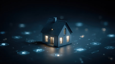 A small house model glows from within, positioned centrally against a dark blue background. Floating digital icons and subtle light effects create an atmosphere of technological connection. The composition utilizes a shallow depth of field, with soft lighting and a focus on the house. Ideal for illustrations in business, technology, or innovation concepts.の素材