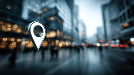 A shiny silver location marker floats against a blurred cityscape. The image showcases a modern aesthetic, with cool color tones and bokeh effects. The composition suggests an urban environment, hinting at navigation, travel, or mapping themes. This visual could be utilized for various commercial and informational purposes.の素材