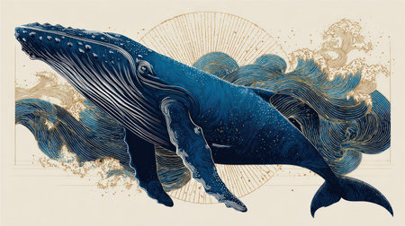 A large blue whale swims dynamically in this artistic illustration. The artwork showcases detailed textures and a blend of blue and gold hues. Surrounding waves add a dynamic element to the composition. Suitable for various creative projects, this image could enhance editorial content or be used in commercial designs.の素材
