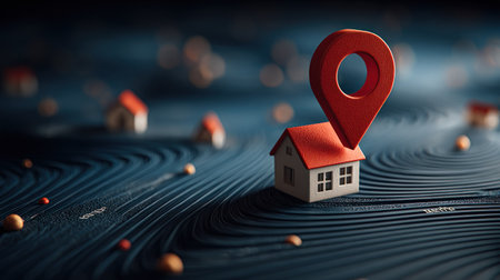 A miniature house is paired with a prominent red location marker. The scene is set against a dark, textured background with wave-like patterns and scattered spherical elements. The lighting appears soft and indirect, creating a sense of depth and focus. This image could be suitable for various commercial or editorial uses related to real estate or property.の素材