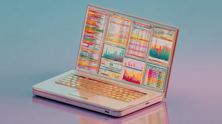 A digital illustration shows a laptop with numerous charts and graphs displayed across its screen. The visual features a bright color palette with various data representations. The composition utilizes a gradient background, and the image could be used for articles, presentations, or various commercial projects related to finance.の素材