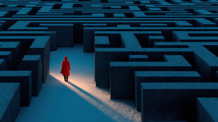 A person in a bright red coat stands in a dark, complex maze illuminated by a soft light. The image features a low-angle perspective, emphasizing the maze's tall walls and intricate design. The overall aesthetic suggests a challenging journey or a metaphorical representation of life's complexities. It may be suitable for illustrating themes of decision-making or problem-solving.の素材