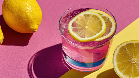 A vibrant image presents a drink with lemon slices on a bright, colorful background. The composition shows the glass against pink and yellow surfaces, emphasizing the contrasting colors. This visually appealing image could be used for advertising, editorial content, or promotional materials in the food and beverage sector.の素材
