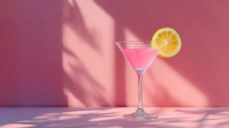 A pink cocktail is presented in a classic glass with a lemon slice garnish. The drink is set against a solid pink backdrop, with shadows adding visual interest. The composition uses high-key lighting, which provides a clean and crisp look, suitable for advertising, and lifestyle content.の素材