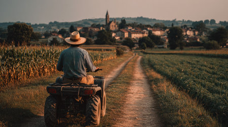 An individual rides an all-terrain vehicle along a dirt road through agricultural land. The image captures a rear view of the rider, with a rural village in the background. The scene is bathed in warm light from the setting sun, with tones of green and brown. Suitable for various commercial and editorial applications.の素材
