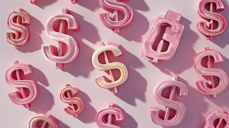 Numerous pink dollar signs are arranged against a white backdrop in this overhead view. The symbols have varying shades of pink with soft highlights, creating a pattern. This image displays a clean and simple aesthetic and can be suitable for a variety of financial or business-related applications.の素材