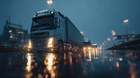 A large semi-trailer truck is shown driving on a wet road at night. The image showcases the vehicle's headlights and the city lights reflecting on the wet asphalt. The scene has a cool color palette with a focus on commercial transport. This image could be suitable for editorial or advertising needs.の素材