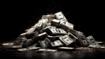 A large pile of United States dollar bills is displayed against a dark background. The composition features a high-angle view, with bundles of cash creating a textured surface. The lighting is focused, casting shadows and highlighting the details of the currency. The image could be suitable for illustrations about finance and wealth.の素材