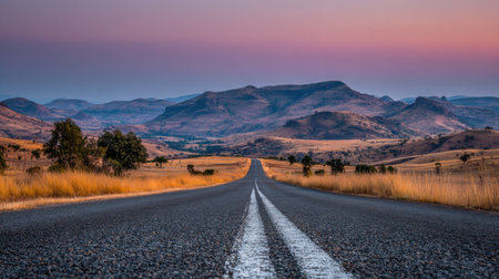 An asphalt road stretches into the distance, framed by grassy fields and distant mountains. The composition features a central perspective with white lines. A vibrant twilight sky provides a colorful backdrop. Suitable for editorial use, this scene evokes concepts of journey and freedom.の素材