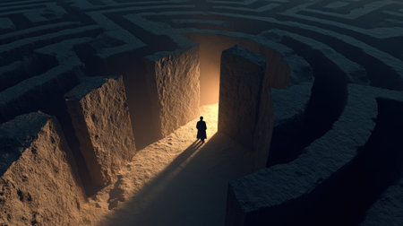 A silhouetted figure stands at the entrance of a complex labyrinth. The image features a maze constructed from light-colored stone or rock. Bright light emanates from the exit, contrasting with the dark surrounding environment. The composition conveys a sense of mystery and exploration, suitable for editorial and commercial applications.の素材