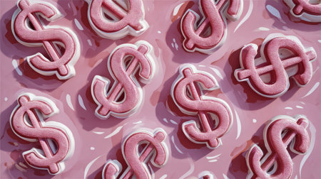 This image presents numerous dollar sign symbols arranged across a textured surface. The visual is characterized by a pink and white color palette, with the symbols exhibiting a detailed, almost illustrative style. The composition suggests a conceptual representation, ideal for various financial or business-related themes. The image is suitable for commercial and editorial purposes.の素材