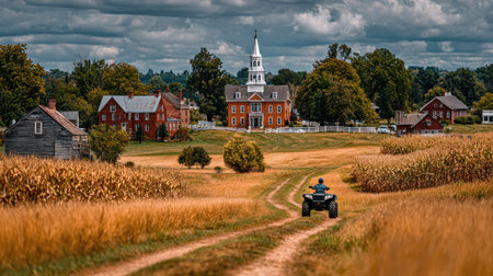 An outdoor scene features buildings and fields with a vehicle moving on a path. The image presents a blend of brown, green and blue. The composition, with its expansive view, gives a sense of space and tranquility, suggesting potential use in various editorial or commercial projects.の素材