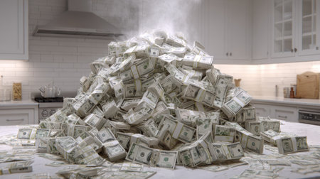 A large pile of money dominates a kitchen countertop, with steam rising from the top. The image showcases stacks of cash in a well-lit indoor environment. This conceptual visual can be suitable for illustrating themes such as financial prosperity, economic concepts, and wealth management, ideal for commercial uses.の素材