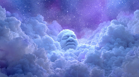 An artistic image features a stone sculpture of a face rising from fluffy, white clouds. The artwork showcases a celestial ambiance with a backdrop of a vibrant, starry night sky. The image uses a dreamy style and lighting, which may be suitable for creative projects and conceptual designs. It may have potential for editorial or commercial purposes.の素材