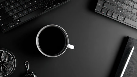 This overhead shot presents a coffee cup centered on a dark surface, flanked by two keyboards, a notepad, and a decorative coaster. The image features a minimalist style with a monochrome palette. The composition highlights a working environment. Suitable for websites and articles.の素材