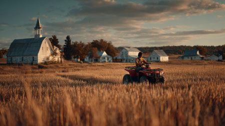 A person operates an all-terrain vehicle through a vast, golden field at dusk. The scene showcases a warm color palette with soft lighting. Several buildings are visible in the background. The image could be used for agricultural, travel, or lifestyle content and promotional materials.の素材
