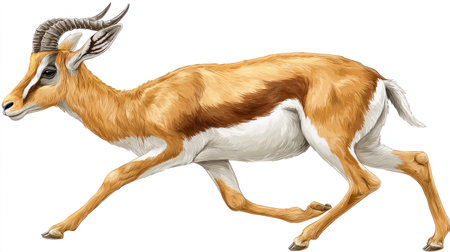 A digital illustration depicts a gazelle in full stride, showcasing its athletic form. The artwork features vibrant colors, detailed textures, and dynamic composition. Set against a clean white backdrop, the image is suitable for various commercial uses, including advertising and editorial projects.の素材