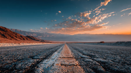 A cracked road stretches toward the horizon in a desert environment, under a sky with dramatic cloud formations and warm sunset hues. The image features a low angle perspective and the textured surface of the road. Ideal for travel, transportation or scenic themes. Could be used for commercial or editorial applications.の素材