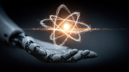 A robotic hand is featured, holding a glowing, stylized atom model against a dark backdrop. The image utilizes digital art, possibly a composite. A bright light source emanates from the atom. It is a concept illustration, suggesting themes of technology, science, and the future. This image could serve various commercial or editorial purposes.の素材