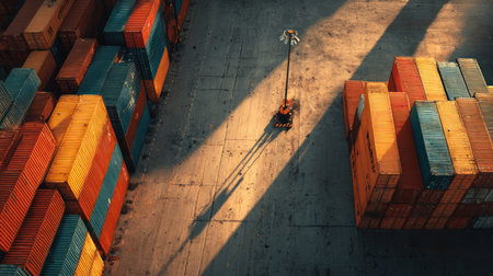 An overhead view reveals rows of colorful shipping containers arranged in a port. The composition features stacked boxes, emphasizing lines and angles. Golden sunlight casts long shadows, enhancing the textures of the concrete ground. Suitable for illustrating global trade, logistics, or commercial themes.の素材