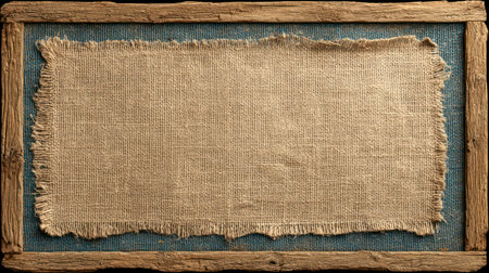 A rectangular burlap cloth is set inside a framed wooden structure, offering a textured surface. The image showcases the natural tones of the burlap against the backdrop. It could be used for adding text or other elements, and its design suggests applicability for various creative and promotional contexts.の素材