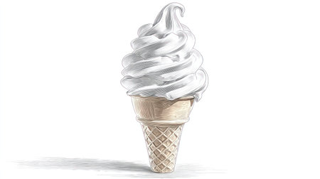 A swirl of soft serve ice cream is presented atop a waffle cone against a blank backdrop. The image features a bright, clean style with high-key lighting, emphasizing the textures. This studio shot is suitable for commercial uses in advertising or editorial content. The cone is isolated for product design.の素材