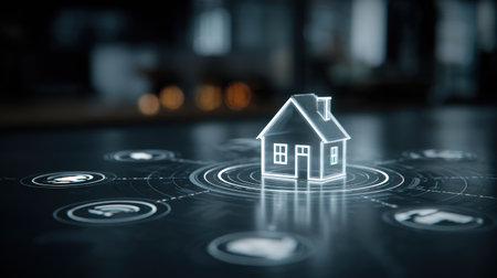 A miniature house, rendered in blue and white, is the focal point, encircled by glowing digital icons. The image showcases a futuristic concept with a dark, blurred background and a reflective surface. It could be used for illustrating technology, home automation, or smart living themes in various publications.の素材