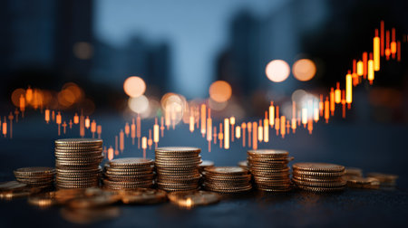 This image showcases stacks of coins with an upward trending financial chart overlayed. The scene employs shallow depth of field, with soft bokeh lights in the background. The color palette includes gold, orange, and blue hues. Suitable for commercial purposes, illustrating themes of investment and success, and financial planning.の素材