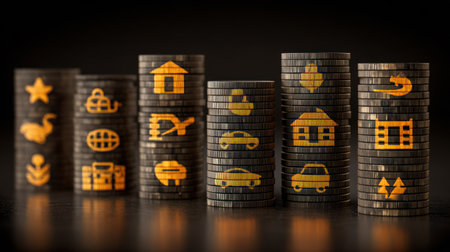 A collection of stacked coin illustrations features thematic symbols in a golden hue against a dark backdrop. The composition showcases a range of icons potentially relating to finance, travel, and lifestyle. This image may be suitable for illustrating concepts like savings, investments, or various informational content.の素材