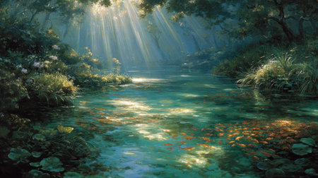 A tranquil stream courses through a forest, illuminated by beams of sunlight. The scene features lush greenery, with varied textures and a sense of depth. The composition focuses on natural elements, suggesting a peaceful environment suitable for various commercial or editorial applications.の素材