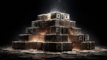 A pyramid of money bundles illuminated with a warm light emanates from within. The image showcases stacks of cash in a dimly lit setting. The composition emphasizes wealth and financial concepts, with possible applications in commercial advertising and editorial content.の素材