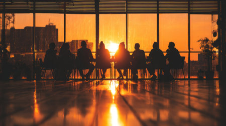 A group of people are silhouetted in front of a large window. The warm sunlight creates a strong contrast with the dark silhouettes. The scene suggests an indoor setting with reflective flooring. This image could be used for various commercial or editorial purposes.の素材