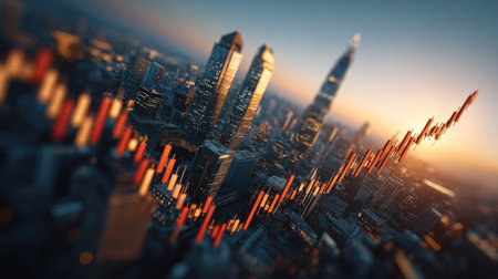 An artistic representation of financial growth features a city skyline overlaid with a rising stock graph. The image showcases warm lighting and a shallow depth of field, highlighting the financial concept. Suitable for illustrating economic trends, business strategy, or investment prospects in various commercial contexts.の素材