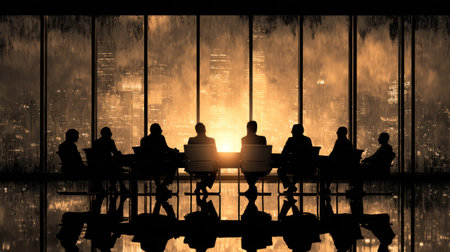 A group of people are seated at a conference table, silhouetted against a backdrop of a city skyline at sunset. The image displays warm tones and is likely taken in a modern office environment. This photograph may be suitable for illustrating concepts of teamwork, business meetings, or corporate planning and is for general commercial use.の素材
