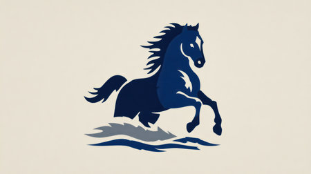 This graphic depicts a dark blue horse with a flowing mane and tail, running through water. The vector illustration features a simplified design, with contrasting shades of blue and gray against a light background. It could be used for various commercial projects and editorial content.の素材