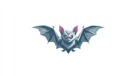 An illustration depicts a bat with outstretched wings, set against a pristine white backdrop. The artwork showcases a stylized design with a blue and white color palette. Its features suggest a fantasy theme. This image is suitable for various commercial purposes, including use in print and digital media.の素材