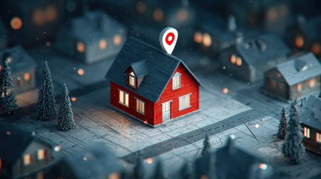A miniature red house prominently features a location marker, set within a stylized town. The image showcases other buildings and some small trees, all set against a blurry backdrop. It highlights the main subject. This image may be suitable for uses related to real estate, location services, or architectural visualizations.の素材