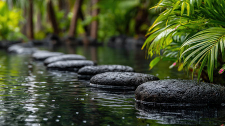 A close-up shot features a row of dark stepping stones across calm water, surrounded by vibrant green foliage. The composition showcases a natural setting, possibly outdoors, with a focus on texture and contrasting elements. This image could be used for various editorial and commercial projects.の素材