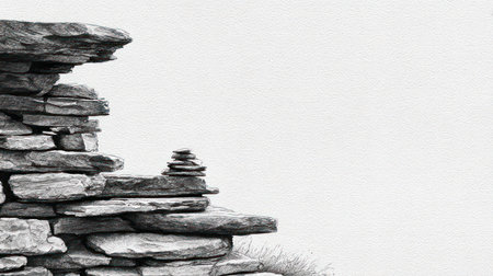 A grayscale image showcases a layered stone wall against a plain backdrop. The textured stones create a rough surface with varied shadows. This composition implies a sense of construction, possibly suggesting a natural or outdoor environment. Ideal for various creative and conceptual projects, or for use in design templates.の素材