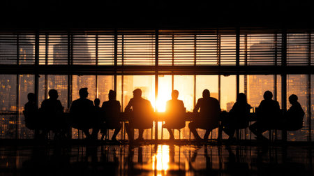 A group of people are silhouetted against a setting sun, gathered near large windows. The image showcases the silhouettes with soft warm light. The composition highlights lines and shapes, suggesting a meeting or gathering. Suitable for various uses, this image could illustrate teamwork and collaboration.の素材