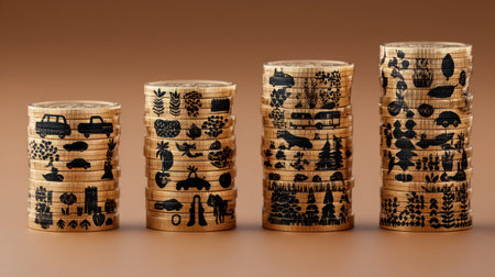 Four stacks of coins are presented against a warm, neutral backdrop. Each coin features engraved illustrations in a repeating pattern. The artwork depicts diverse icons, creating a visually interesting composition. This image could be used for financial concepts or other design projects.の素材