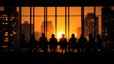 A group of people are silhouetted in front of large windows, engaged in a meeting. The image displays warm orange and yellow hues from the sunset, casting shadows across the subjects and the city buildings outside. The composition creates a dramatic contrast suitable for various business or conceptual uses.の素材
