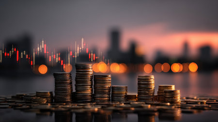 Image shows stacks of coins with a financial chart superimposed, set against a blurred city skyline. The composition features warm colors, with a soft focus creating a sense of depth and mystery. Suitable for illustrating economic concepts and financial analyses in various commercial projects.の素材